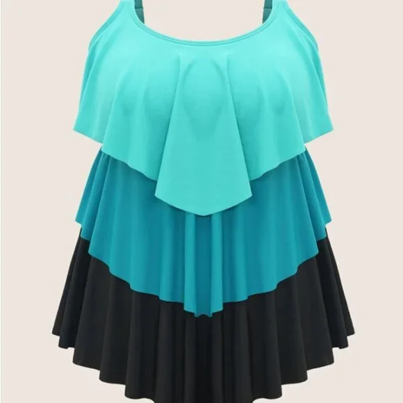 Bloomchic Plus size  Colorblock Contrast Ruffle Layered Hem Tankini Top - Picture 3 of 3